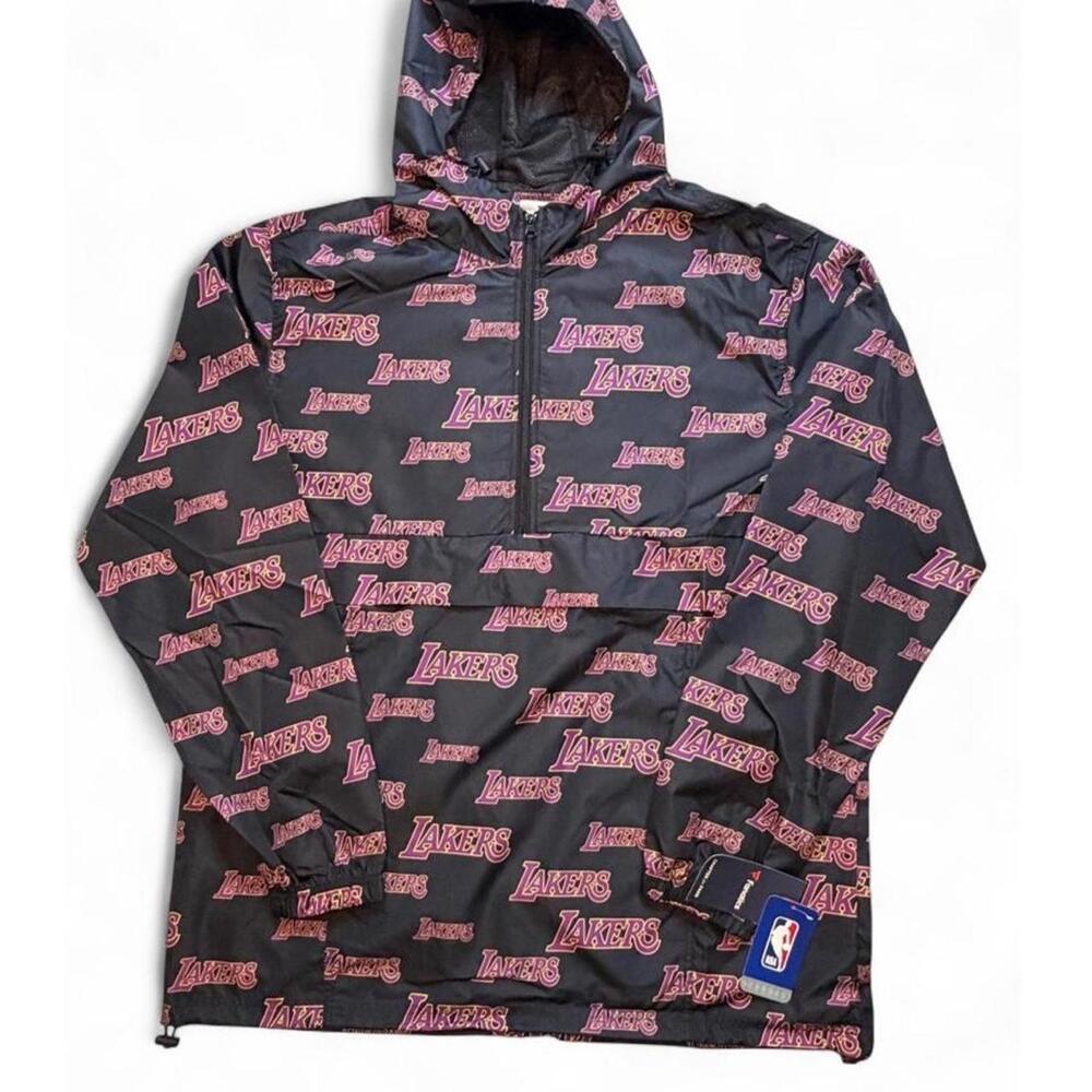 NBA Los Angeles Lakers black rain jacket with repeating purple/pink 'LAKERS' tex